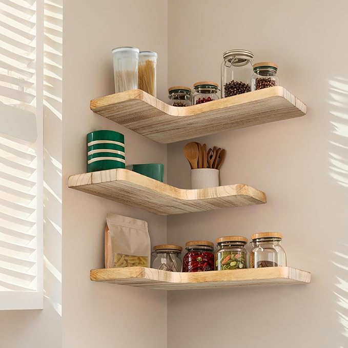 Floating Corner Shelves Set of 3, Solid Wood Picture Wall Shelf, Floating Shelves for Storage for Bedroom Kitchen Bathroom Living Room (Light Burnt)