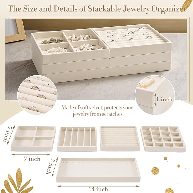 Set of 10 Stackable Jewelry Organizer Trays for Drawer 14 Inch Velvet Jewelry Drawer Insert Display Storage with Removable Divider for Necklace Earring Ring Watch Bracelet (Beige)