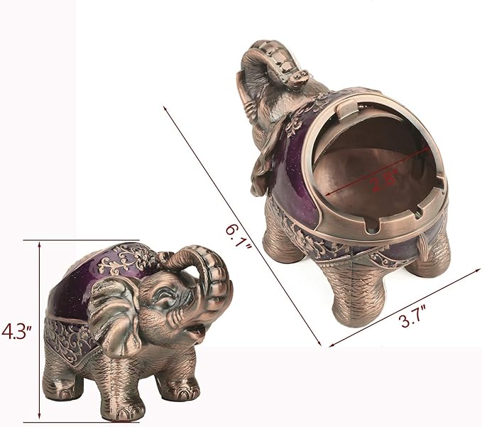LAUYOO Elephant Decorative Ashtray with Lid for Cigarettes Metal Smoking Ash tray Holder for Smoker Windproof Cigarette ashtrays for Indoors Outdoors Fancy Gift for Men Women (Dark Purple)