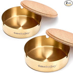 Ashtray with Lid for Outside Patio, 2 Pack Windproof Ash Tray, Gold Stainless Steel Smokeless Ashtray for Outdoor Home Office Tabletop Patio Outdoor Balcony, Meidium