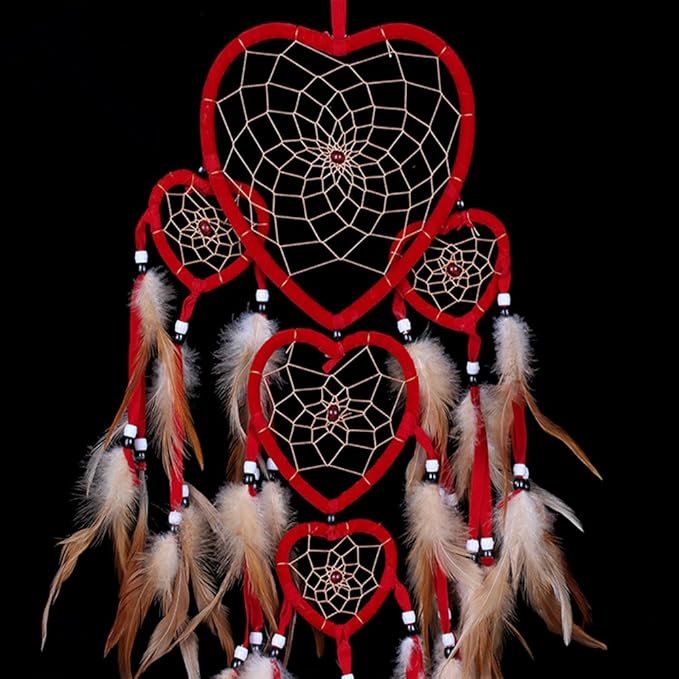 Large Handmade Dream Catcher Traditional Dreamcatcher Feather Wall Hanging Decoration Ornaments Five Hearts Red