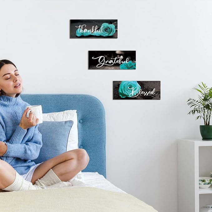 Hillban 3 Pieces Rose Wooden Wall Decor Rose Bathroom Decor Thankful Grateful Blessed Accessories Inspirational Wall Art Signs for Living Room Kitchen Wedding(16 x 6 Inch,Teal)