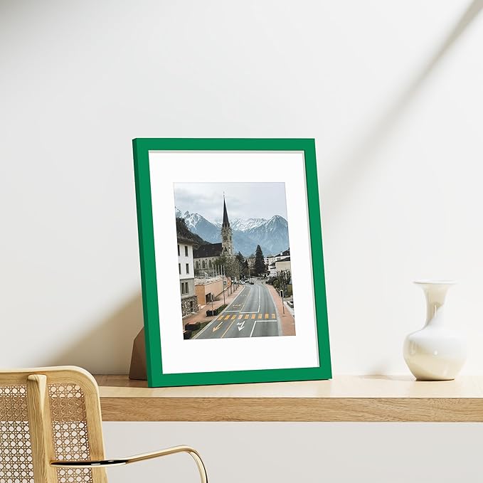 Vittanly 11x14 Picture Frames Set of 9, Shatter Resistant Plexiglass, Display 8x10 Pictures with Mat or 11x14 without Mat, Photo Frames for Wall or Tabletop, Engineered Wood, Green