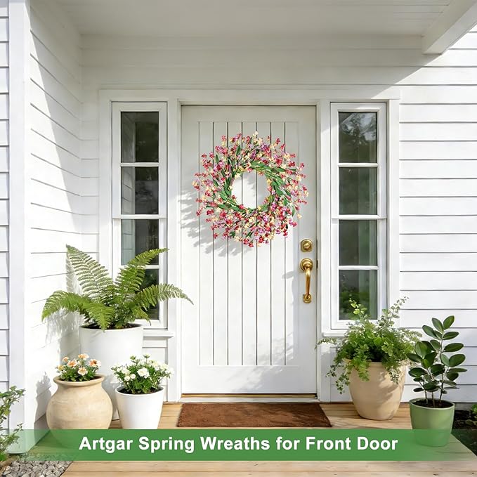 Artgar Front Door Wreath 26 Inch Spring/Summer Wreaths for Front Door, Front Door Wreaths for All Seasons for Indoor Outdoor Home Office Wall Window Wedding Farmhouse Decor (Red&Orange&Purple)