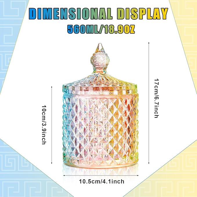 Aoriher 4 Pcs Crystal Glass Candy Jar Set with Lids Home Decorative Storage Jars for Apothecary, Bathroom, Kitchen, and Pantry, Ideal for Cotton Swabs and Jewelry(Large,Colorful)