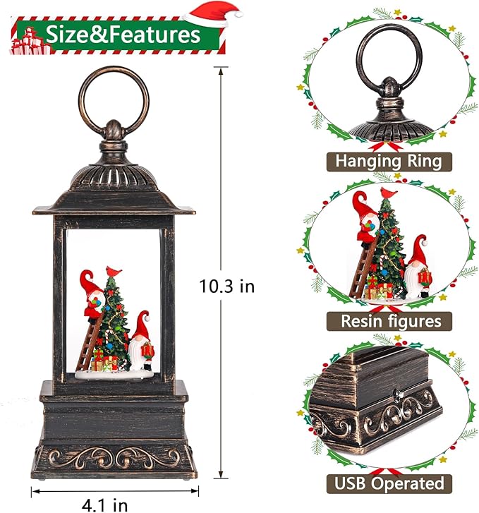 Christmas Snow Globe Decorations, Musical Glitter Red Gnome Lantern with 6H Timer, USB/Battery Powered Lighted Décor for Home, Tabletop, Gift Box