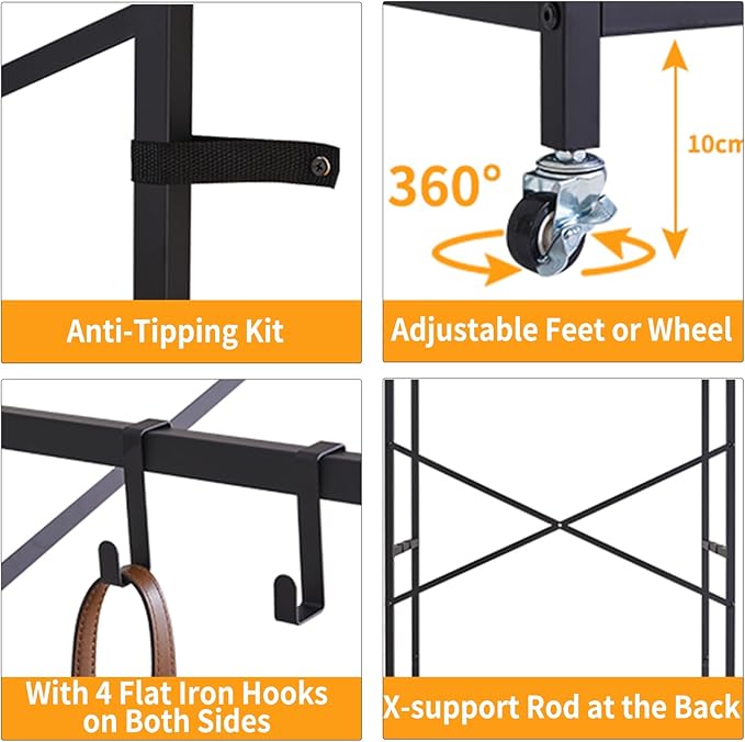 Clothes Rack, Heavy Duty Garment Rack for Hanging Clothes, Industrial Clothing Racks with Shelves, 2 Fabric Drawers, 4 Hooks, 1 Hanging Rods Black YD-TM080B