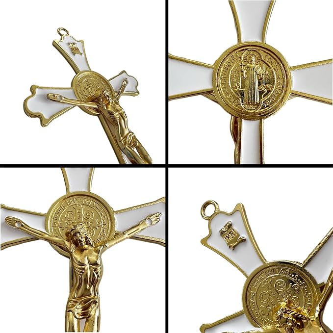 BONITTER Golden St Benedict Crucifix Metal Wall Art, 7.8x4.1 Inch Cross, Blue/White/Black/Red Wall Decor, Saint Benedic Cross for Home Decoration, Catholic Gift (White)