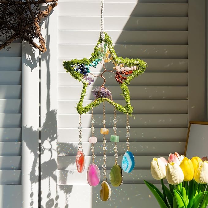 Chakra Dream Catcher Tree of Life Star Dream Catchers Crystal Suncatcher Prism Hanging Window Wall Yoga Meditation Decor Handmade Gift for Girls Boys