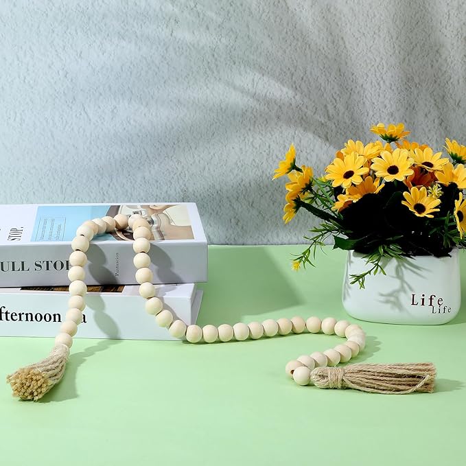Wood Beads Garland with Tassels 33.86" Table Beads Natural Wooden Prayer Bead Rustic Country Boho Wall Hanging Decor for Boho Farmhouse Rustic Style Table Home Festival Decor