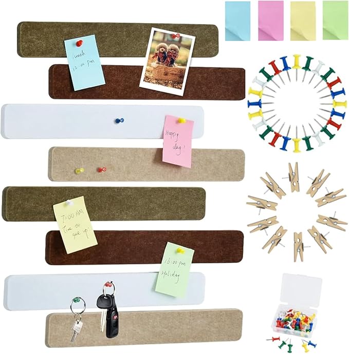 Vuzvuv 8 pcs Bulletin Board Bar Strips with 50 Pushpins & 10 Wooden Clip pins，Self Adhesive Cork Board for Wall，Felt Pin Board for School，Office Decor(Coffee-Brown White)