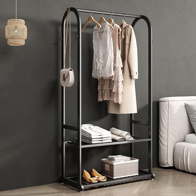 Freestanding Clothing Rack,Metal Garment Rack with Bottom Shelves and 6 Side Hooks,Black Sturdy clothes racks for hanging clothes,Modern Wardrobe Organizer for Bedroom or Closet (L:39.4)