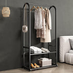 Freestanding Clothing Rack,Metal Garment Rack with Bottom Shelves and 6 Side Hooks,Black Sturdy clothes racks for hanging clothes,Modern Wardrobe Organizer for Bedroom or Closet (L:39.4)