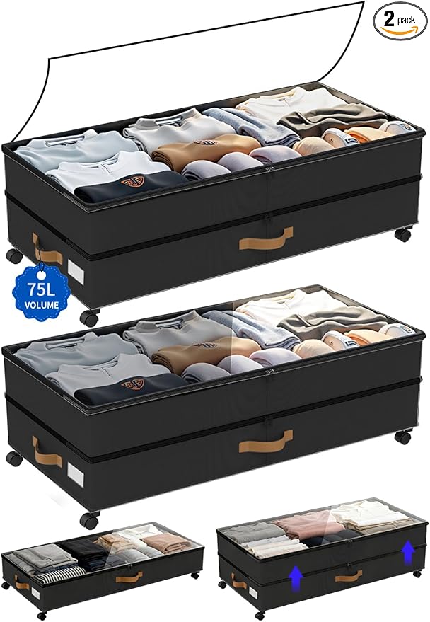 Under Bed Storage with Wheels 2-Pack, 75L XXL Under the Bed Storage Containers Large, 12" Tall Adjustable Storage for Underbed with Lids, Rolling for Clothes, Shoes, Blankets (Black)
