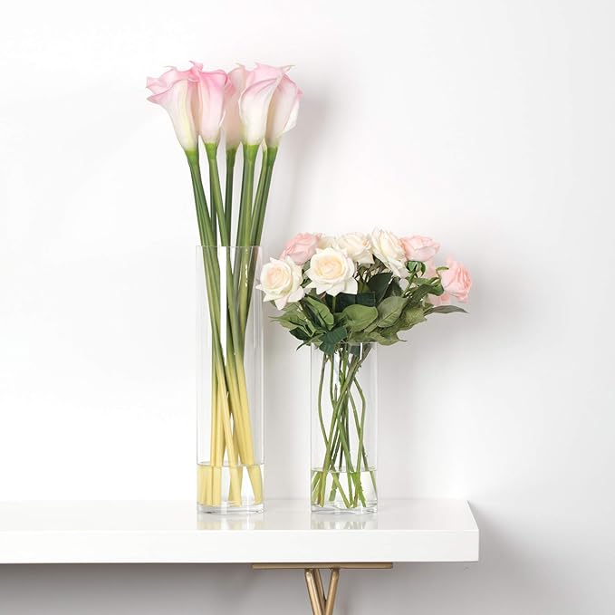 WGVI Quality Thick Weighted Clear Cylinder Glass Vases, 3" W x 12" H, Skinny Bud Vase Narrow Floral Bouquet Flower Arrangements Storage Container Candle Holders Decorative Accents, 6 Pieces