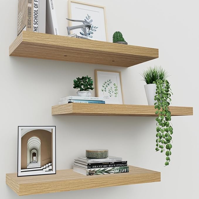 Upassion Floating Shelves for Wall Set of 3, 16" Light Brown Wood Wall Shelves for Home Decor, Frame Display Floating Shelf for Living Room, Bedroom, Bathroom, Kitchen