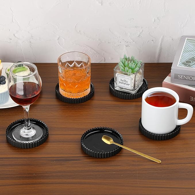 Glass Black Coaster Set of 5- Coasters for Glass Table Black Coasters Modern Round Cup Mats Coffee Table Decor for Kitchen, Bar, Dining Room, Living Room, Office