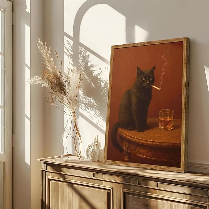 Framed Funny Black Cat Wall Art, Vintage Moody Cat Pictures Wall Decor, Humor Cool Animal Paintings Canvas Prints for Living Room Bedroom Bathroom Bar 12x16 inch