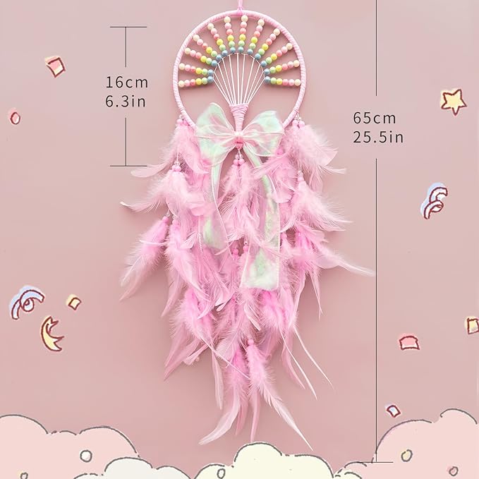 Dream Catcher Wall Hanging for Girls Bedroom Decoration,Pink Dream Catchers for Kids Room Decor Art Craft Gift, Handmade Feather Wall Decor Hanging Ornament(Pink)