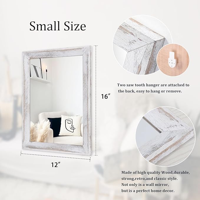 AAZZKANG Mirrors for Wall Rustic Wood Framed Hanging Mirror Decorative for Farmhouse Bedroom Bathroom Living Room Entryway Hallway Small White