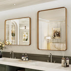 LOAAO 32X36 Inch Bathroom Mirror with Wood Grain Colored Metal Frame, Rounded Rectangle Metal Framed Bathroom Mirror, Anti-Rust, Hangs Horizontally or Vertically, Tempered Glass
