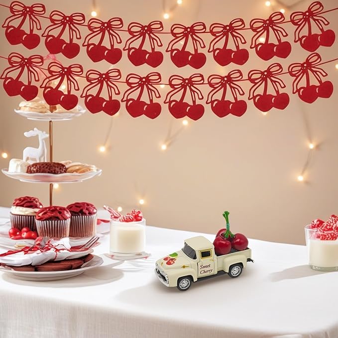 Cherry Decor – 4.9″Sweet Cherry Vintage Metal Truck with 3 Fake Cherries for Themed Party Decorations, Home Kitchen Centerpieces for Tables, Farmhouse Pickup Truck Tiered Tray Decor Gifts(White)