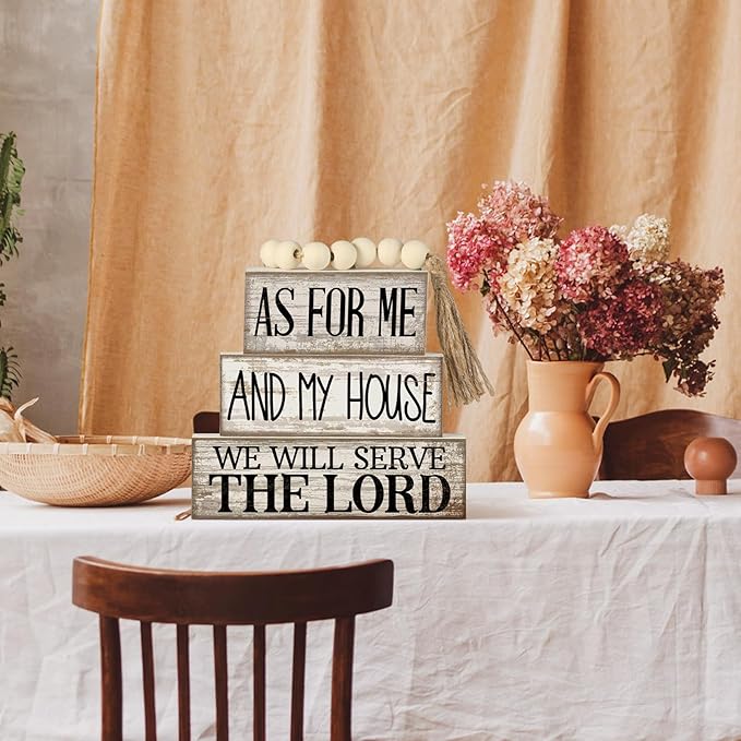 Yuntau 4 Pcs Farmhouse Christian Decor Farmhouse Bible Verse Tiered Tray Decor Rustic Retro Wood Bead Garland As for Me and My House We Will Serve The Lord Block Jesus Sign for Home Shelf Mantel