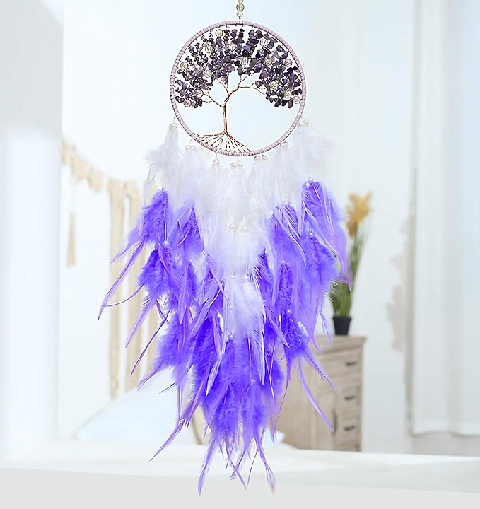 Dream Catchers, Purple Dream Catcher Tree of Life Wall Decor, with Natural Healing Crystal Stone, Perfect Handmade Dreamlike Crystal Dream Catcher for Bedroom Art Craft Gift