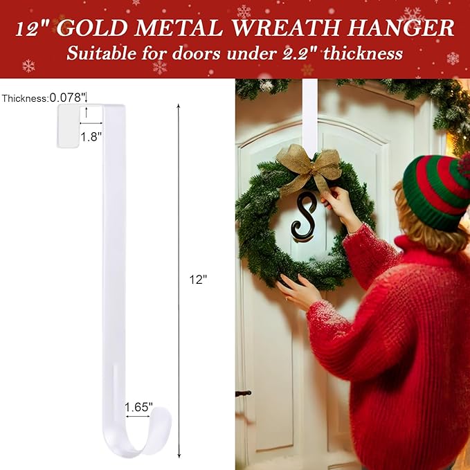 12" Metal Wreath Hanger for Front Door, Non-Scratch, 1 Pack White Wreath Hanger Heavy Duty, Over-the-Door Hooks for Hanging Welcome Sign, Wreath Holder for Easter, Halloween, Christmas Decorations