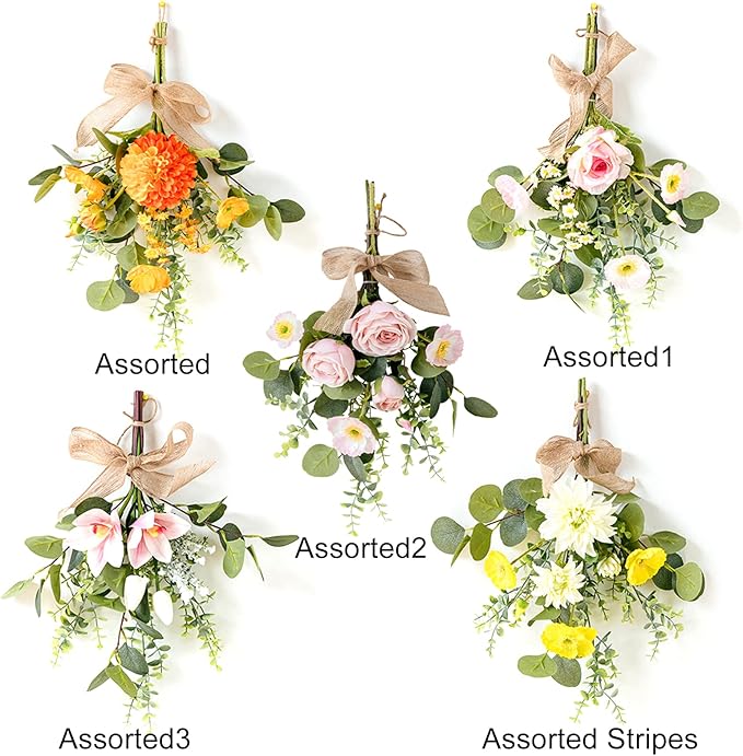 Artificial Teardrop Wreath, 17inch Decorative Swag with Flower and Eucalyptus Leaves, Hanging Simulation Flowers Bouquet, Spring Summer Wall Swag for Wedding Arch Wall Decor(#5)