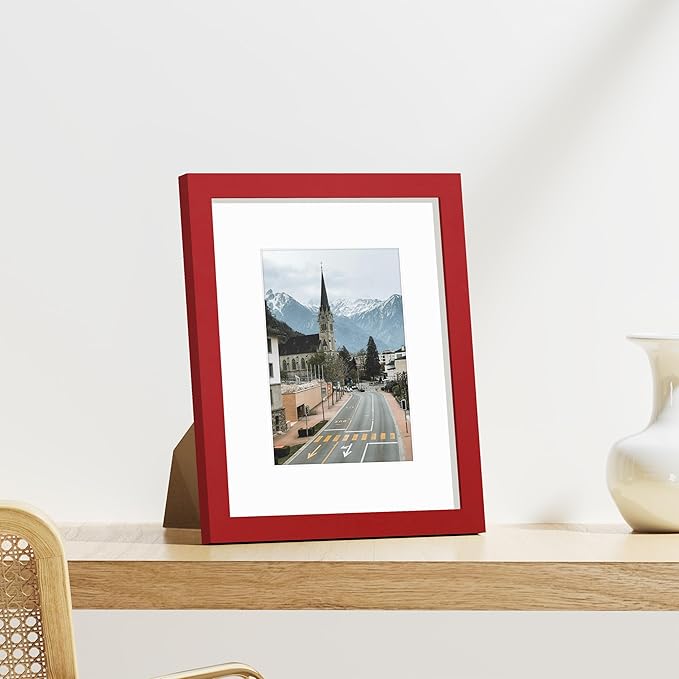 Vittanly 8x10 Picture Frames Set of 9, Shatter Resistant Plexiglass, Display 5x7 Pictures with Mat or 8x10 without Mat, Photo Frames for Wall or Tabletop, Engineered Wood, Red