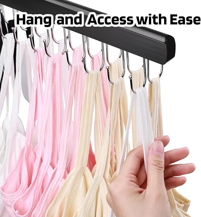 2 Pack Bra Hanger for Closet Organizer, Premium Wooden Tank Top Hangers with 36 Foldable Hooks, 360° Rotating Design, Space Saving Storage for Tank Tops, Bras, Scarves and More, Black