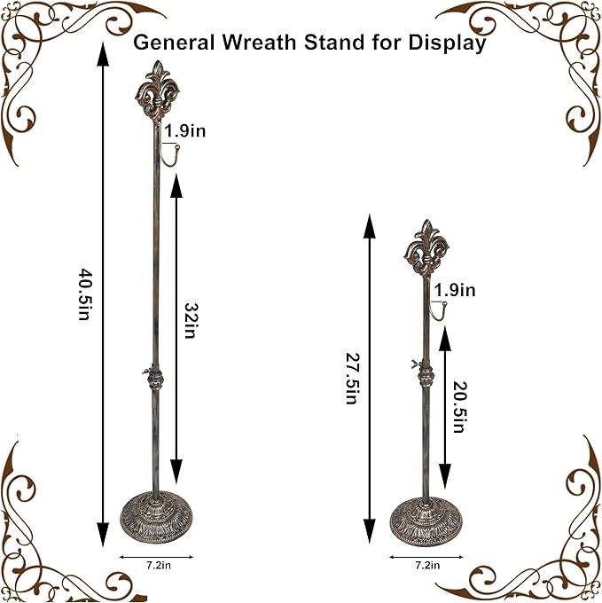 Display Stand for Wreath Handbag Purse Adjustable Height Standing Metal Wreath Hanger Holder on Tabletop or Floor(Vintage Gold)