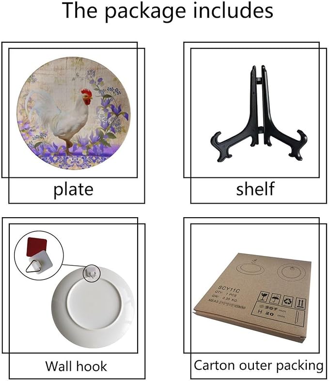 Rooster Decorative Plate Stand, 6 Inch, Purple Wreath Around The Rooster Round Display Plate, Table Top Plate Decor with Stand, Ceramic Craft for Wall Hanging Decorative