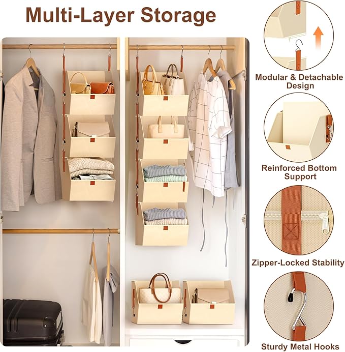 4-Tier Hanging Closet Organizer and Storage with Detachable Bins, Fabric Hanging Shelves for Closet, Dorm, Rv, Space-Saving Collapsible Basket for Handbags, Clothes (47” H)
