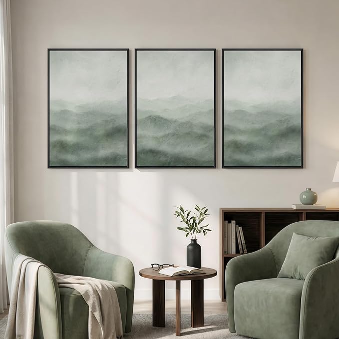 Large Framed Green Abstract Landscape Canvas Wall Art for Living Room, 3 Piece Modern Prints Paintings Artwork for Walls, Minimalist Nature Mountain Pictures Wall Decor for Bedroom, Office 24x36 In
