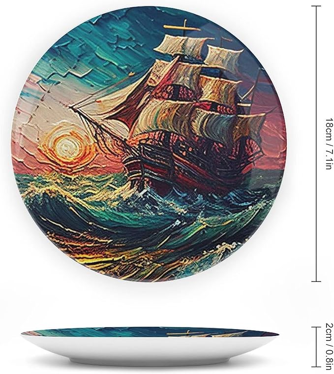 Ocean Sailing Ship at Sunset Painting Decorative Plates Home Decor Ceramic Plates Wedding Gifts Dinner Plates Display for Living Room, Kitchen, Hallway Console Side Table, 7 Inch