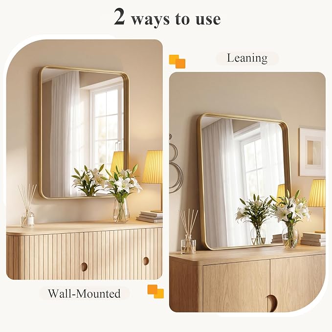 Sweetcrispy Bathroom Wall Mirror, 32x24 Inch Wall Mount Mirror for Over Sink, Modern Rounded Rectangle Vanity Mirrors with Matte Metal Framed, for Home Decor, Living Room, Bedroom, Gold