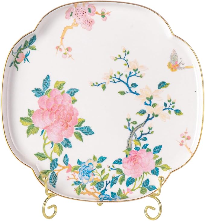 KAMMAK Ceramic Decorative Plate, Porcelain Plates for Kitchen Dining Room Wine Cabinet Home Decor, Vintage Collector Plates with 1 Display Stand, Four-Leaf Clover - Peony