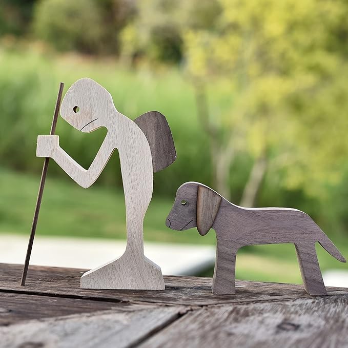 ISHINE Handmade Wooden Statue for Home Decor, Man and Dog Wood Figurine, Wood Decor Accents Craft Figurine for Bedroom Home Office Shelf Decor Gift Natural ECO Friendly