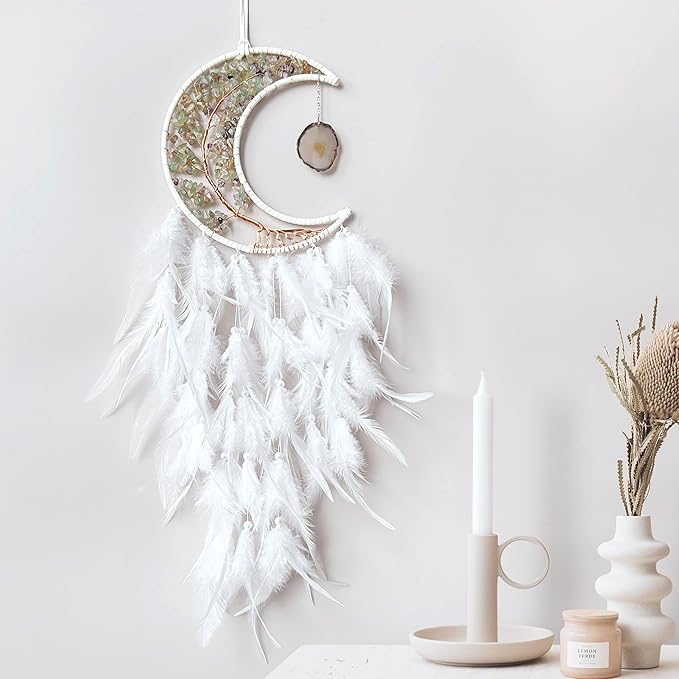 Moon Dream Catchers with Chakra Gemstone Agate Stone, Crystal Tree Life Dream Catchers Wall Hangings Room Decor (White)
