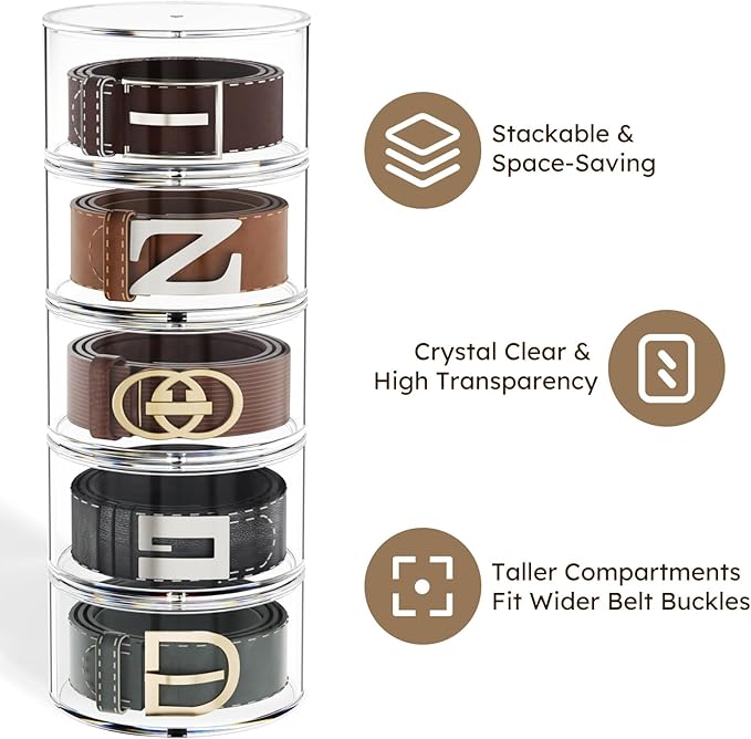 FEMELI Belt Organizer, Acrylic Belt Storage Holder for Closet & Drawer, 4-Layer Stackable Display Case for Belts, Watches, Jewelry and Ties