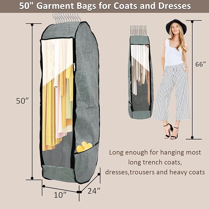 2PCS 50”Garment Bags for Hanging Clothes,Chakera Large Breathable Garment Bag for Closet Storage with 10”Gusseted,Clear Clothing Storage Garment Cover for Dress Sweater with Double Zipper,Grey