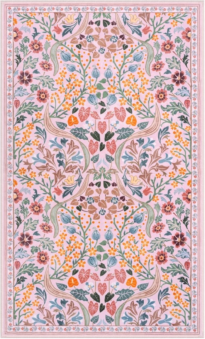 Moynesa Floral 3x5 Pink Rug for Bedroom Girls, Washable Soft Nursery Rug Non Slip, Boho Small Living Room Throw Carpet, Ultra Thin Flower Indoor Area Rug for Kids Room Dorm, Pink
