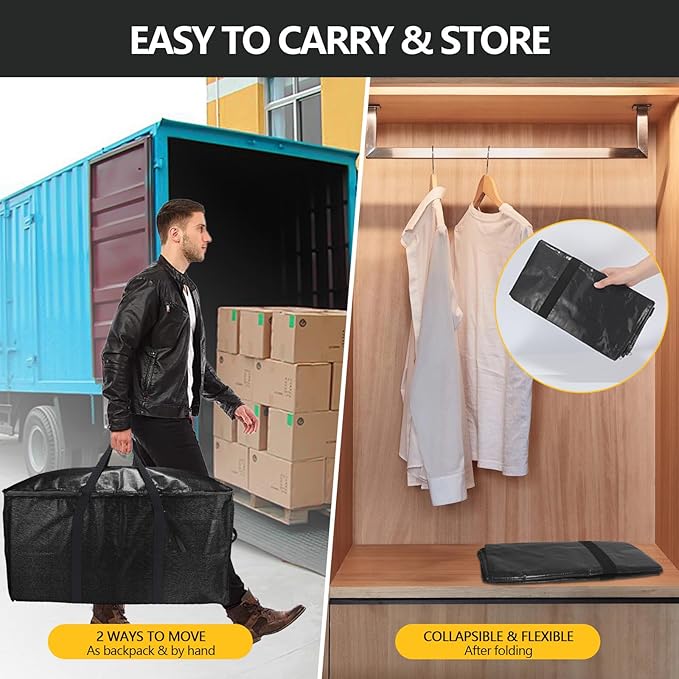 Extra Large Storage Bags Set Heavy Duty Moving Totes with Handles, Zippers-Way Carrying Design Fold Flat Storage Totes for Space Saving (Black, 12 Park-2 Moving bag & 10 Vacuum Seal Bags)