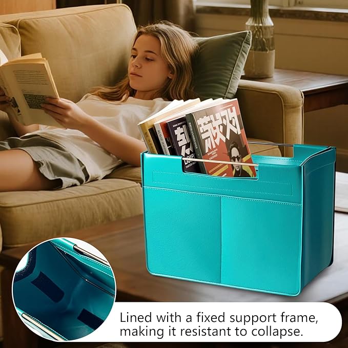 Leather Magazine Holder Foldable with Handles，Stable Magazine Rack Floor，Magazine Basket File Holder Storage，Document File Folder Organizer Free Standing for Office Living Room (green)