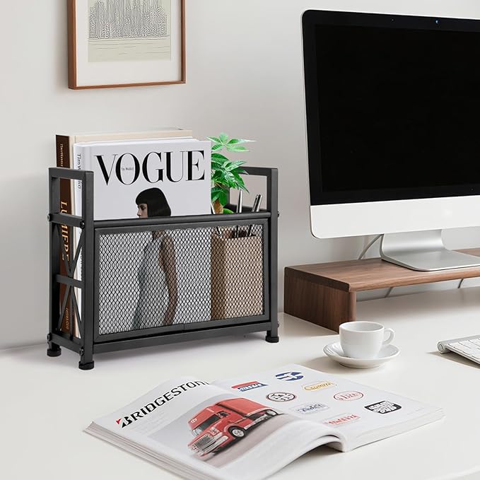 Black Magazine Holder, Metal Magazine Rack Floor, Mesh Magazine File Holder, Magazine Storage Basket, Magazine Holders for Classroom，Magazine Stand for Desk, Folder Organizer Bin for Books