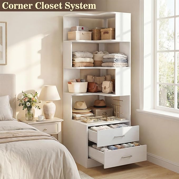 Armocity Corner Bookshelf with Drawers, 7 Tier Corner Book Shelf Display Bookcase, Freestanding L Shaped Bookshelf for Bedroom, Home Office, White