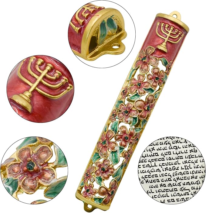 Mezuzah with Scroll for Door, Enamel&Zinc Alloy Blessing Mezuzah Case for Door, Colored Painted Mezuzha Scroll Kosher for Jewish Gifts/Jewish Decor, Christmas (Red and Gold, 1.1x6.49 in)