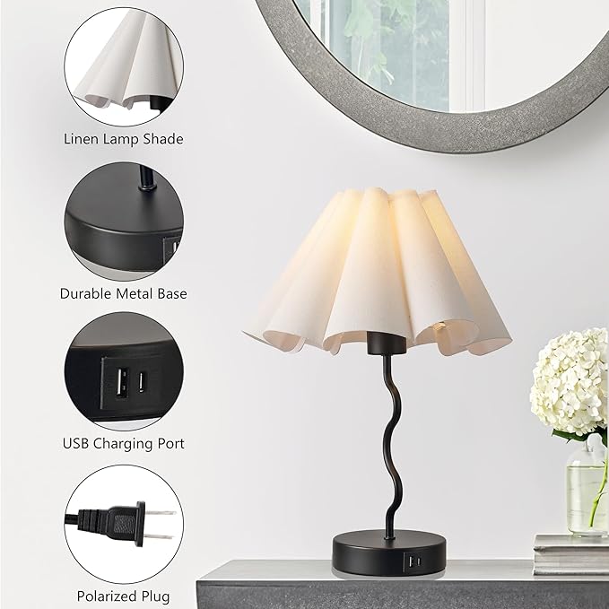 EOEYYOYB Pleated Table Lamp, Table Lamp for Bedroom, Bedside Lamps for Nightstand with Linen Lampshade, Modern Lamp for Bedroom Home Office Decor, Black